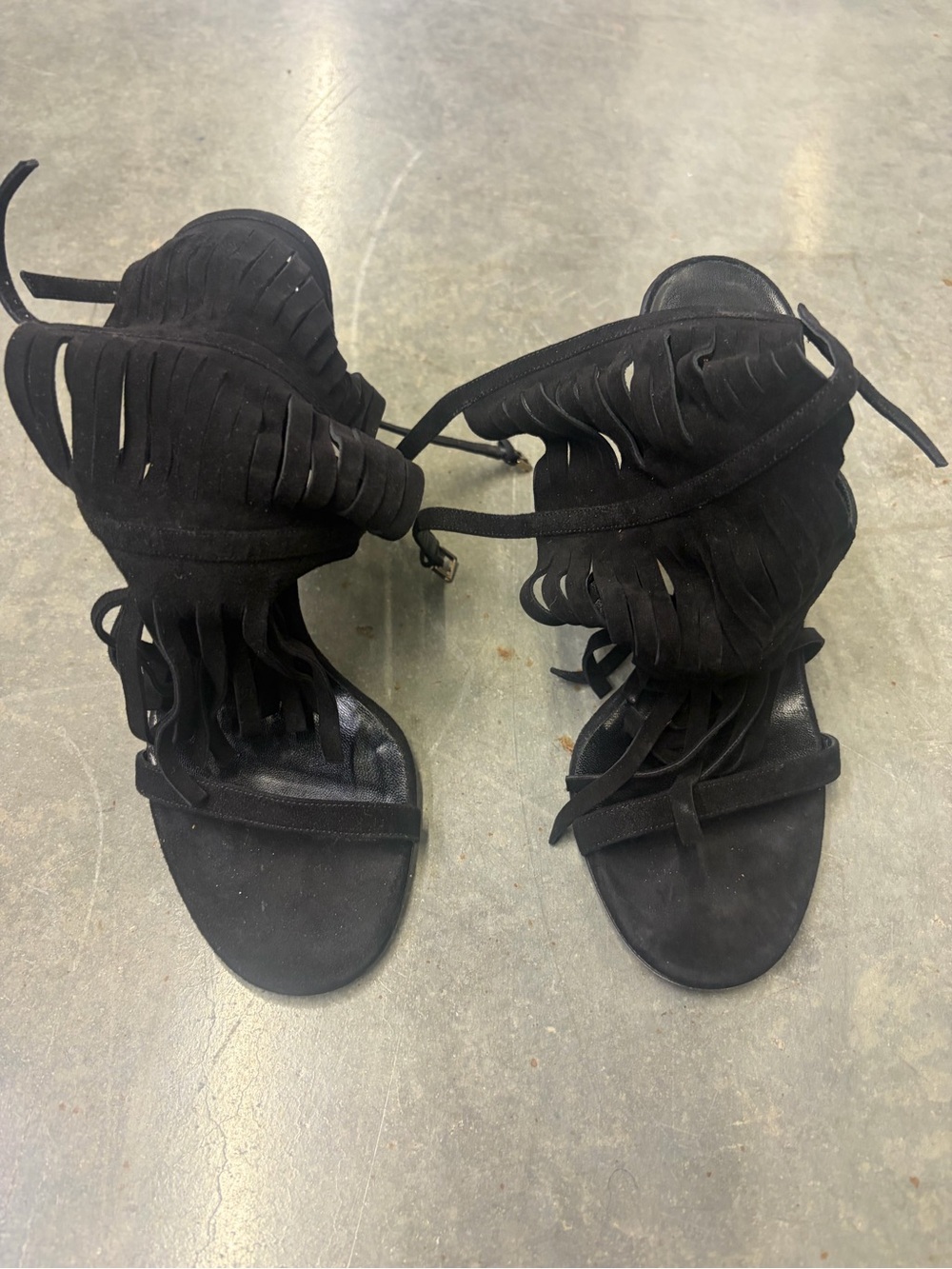 GUCCI BLACK LEATHER FRINGE LACE UP STILETTO SANDALS SIZE 37